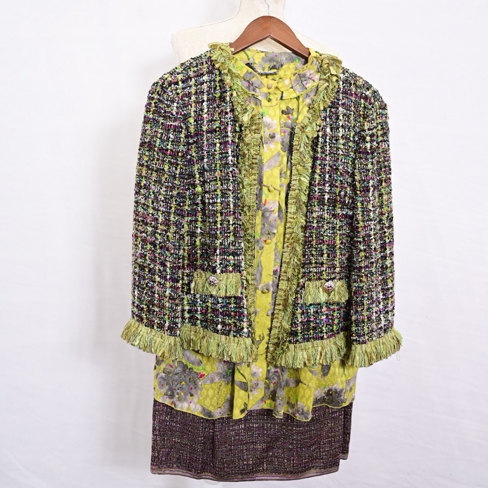 St. John Full Knitted Ruffle Suit (sweater, shirt, skirt)